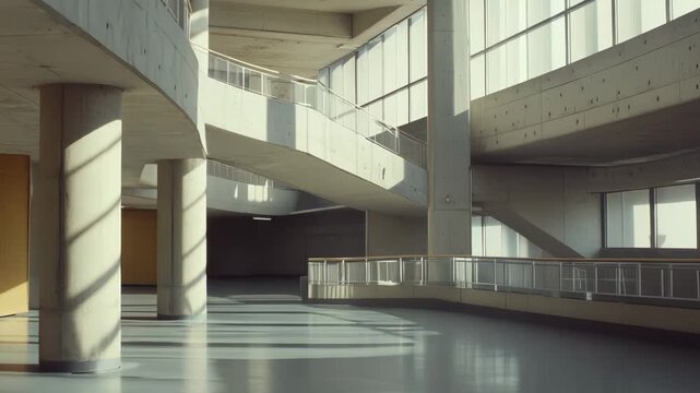 Minimalist concrete atrium with multi level balconies and large windows, sunlight casting geometric shadow patterns across open, bright pillars and polished floor space