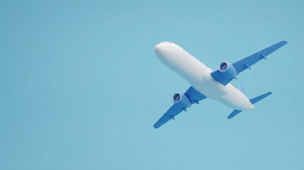 Fototapeta premium White and blue commercial jet airplane in flight against clear blue sky