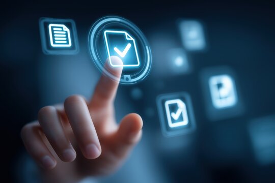 Man selecting a verified document on a futuristic digital interface