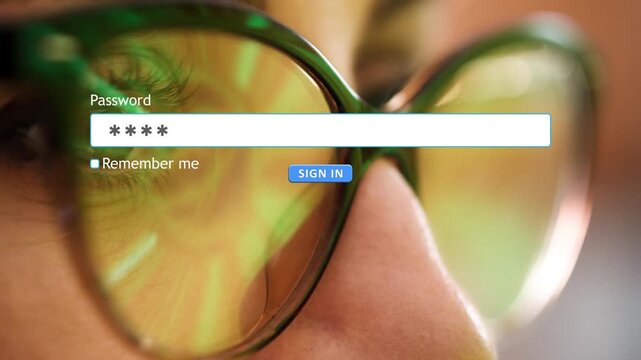 A user is typing a password into a form on a computer screen with a woman's face and eyes visible in the background. The focus is on the login process.