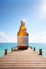 Fototapeta premium Blank glass beer bottle on wooden pier over ocean with sunlight minimal label mockup. Concept of beverage branding template, packaging presentation, summer advertising, alcohol marketing content.
