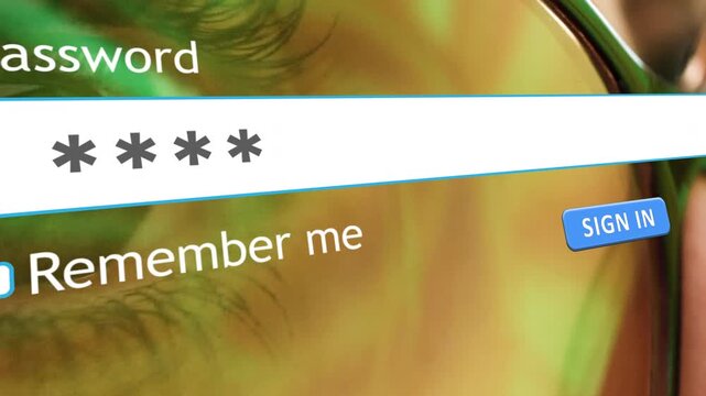 A user types a password into a website form. An image of a woman's eyes appears in the background, focusing on the process of signing in and submitting information.