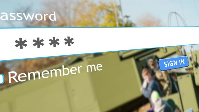 A user types their password into a website form. In the background, there is an image showing a military vehicle and people. The input focuses on password entry.