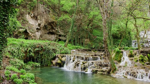 Slow forward camera movement revealing cascading forest waterfall and emerald pool in lush spring woodland