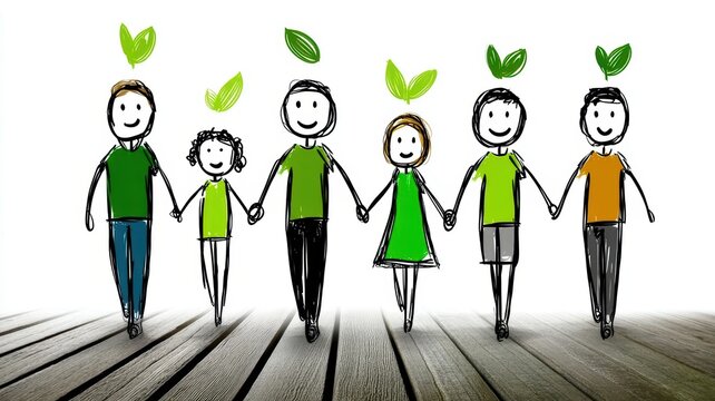 Family with leafy heads depiction of a family unit adorned with natural foliage crowns evoking themes of nature and connection