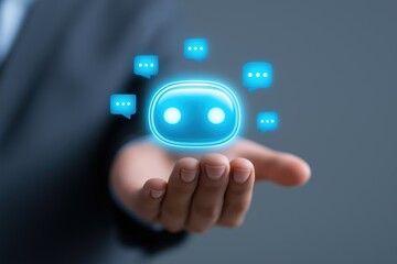Fototapeta premium Hand Presenting an AI Chatbot for Digital Communication