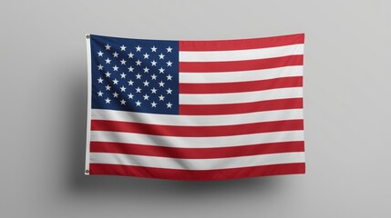 Obraz premium The iconic United States of America flag hangs proudly, showcasing its vibrant stars and stripes against a simple, neutral background indoors.