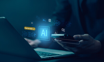AI generates interface, creative content on digital apps. Artificial intelligence application concept. robot prompt data, platform technology, and machine learning tools. generates AI content