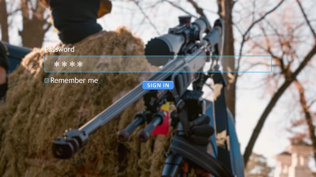 A user types their password into a website form box while a sniper holds a gun in the background. The setting adds a unique context to the signin process.