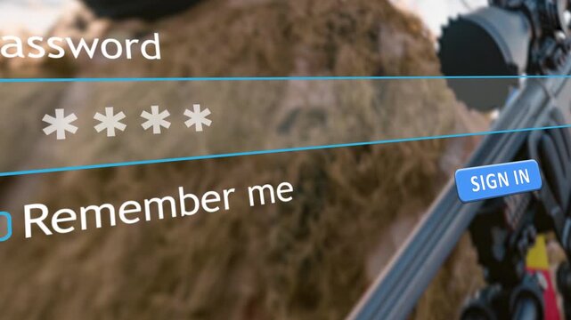 User inputs a password into a form on a website on a computer. An image of a sniper holding a gun is visible in the background, creating a serious atmosphere.