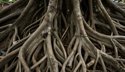 Fototapeta premium Intricate network of tree roots spreading across the ground.