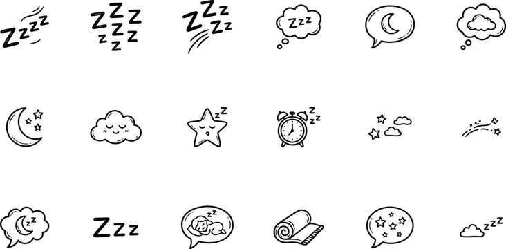 sleep and bedtime icon set, zzz symbols with moon stars and clouds, cute doodle night elements vector illustration isolated on transparent background
