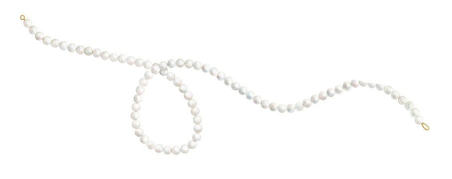 Pearls watercolor illustration of white bead necklace with elegant round shapes. Vintage jewelry element on isolated background for fashion design, bridal decor and branding.