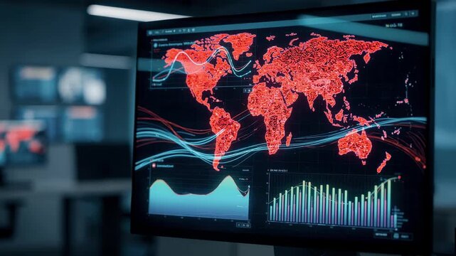Medium shot of a telecom network model emphasizing realtime data visualization for load balancing on the operations screen surrounded by an indistinct environment