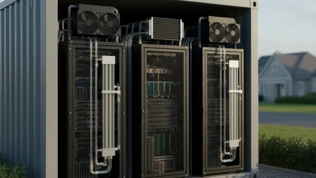 Medium shot of additional edge computing racks in a suburban hub shelter highlighting cooling systems with softfocused residential houses beyond.