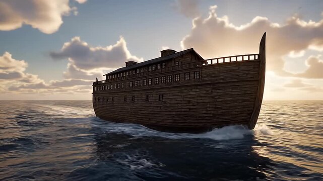 Ancient Wooden Ark Vessel Sailing on Calm Ocean Waters Under a Cloudy Sunset Sky, Biblical Theme