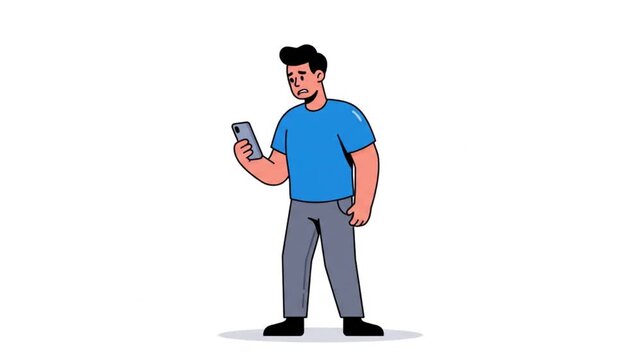Animated character illustration depicting a young man intently focused on his smartphone, his expression conveying subtle frustration or deep engagement with digital media content