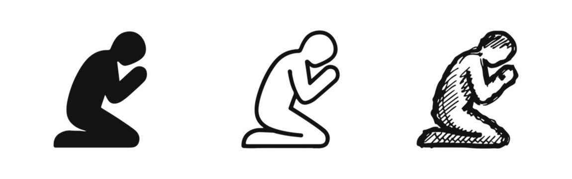 Person kneeling in prayer icon set - Worship, contemplation, meditation, or humility symbol in various styles.