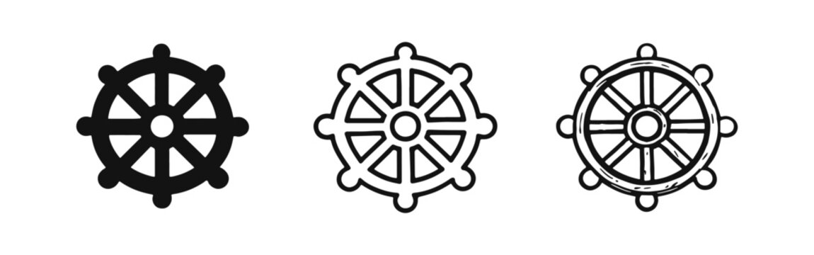 Dharma Wheel (Dharmachakra) icon set - Buddhist symbol representing the teachings and path to enlightenment.