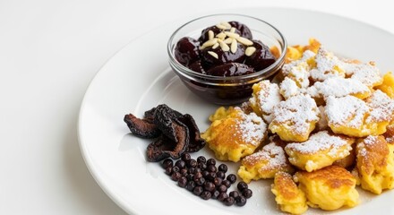 Fototapeta premium Authentic Kaiserschmarrn Shredded Pancakes with Plum Compote and Powdered Sugar - Offset Composition with Negative Space for Recipes