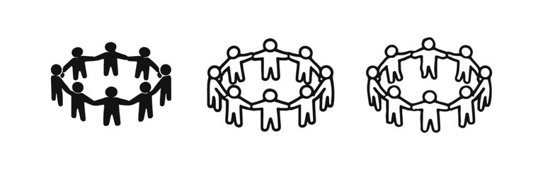People holding hands in a circle icon set - Teamwork, community, and unity symbols in various styles.