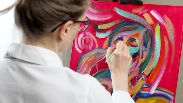Skilled female painter creating expressive artwork on easel in bright studio. Artist depicting colorful portrait during creative process inside professional workshop.