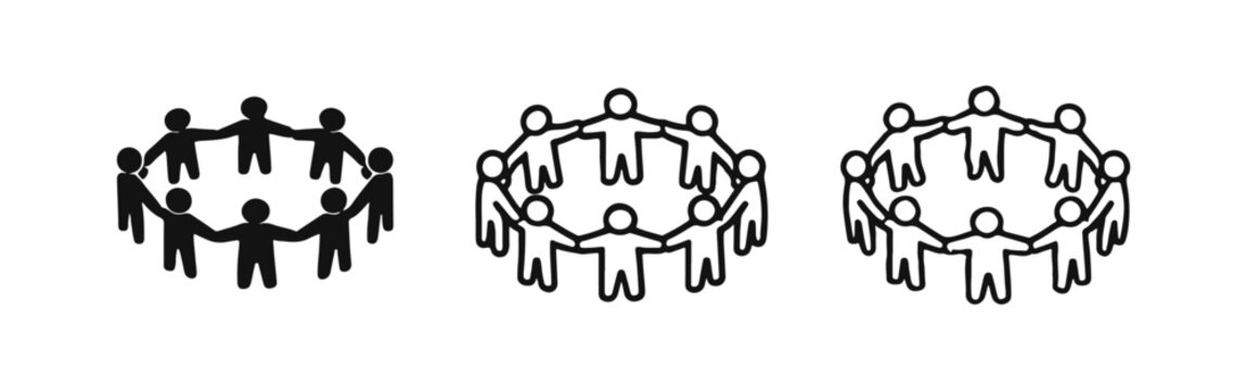 People holding hands in a circle icon set - Teamwork, community, and unity symbols in various styles.