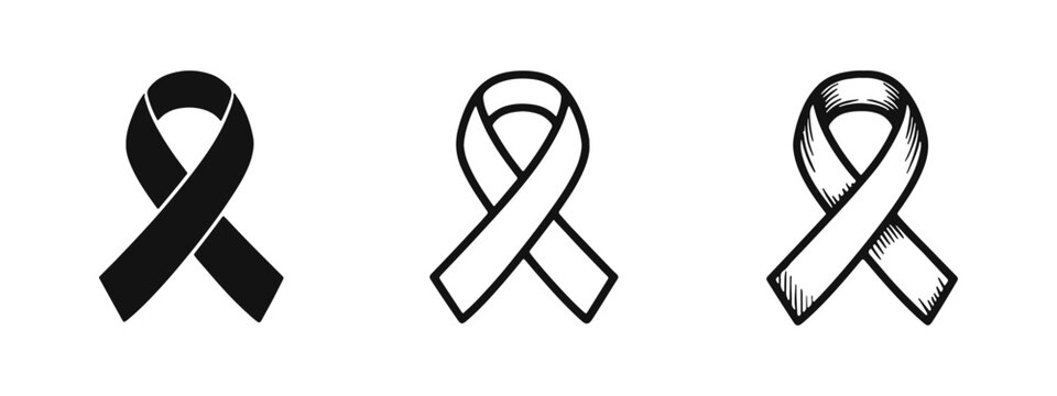 Hand drawn awareness ribbon icon set in solid, outline, and sketch styles.