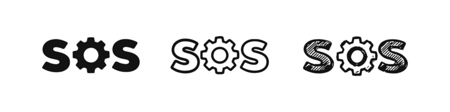 Hand drawn SOS technical error icon set with gear symbol in various styles.