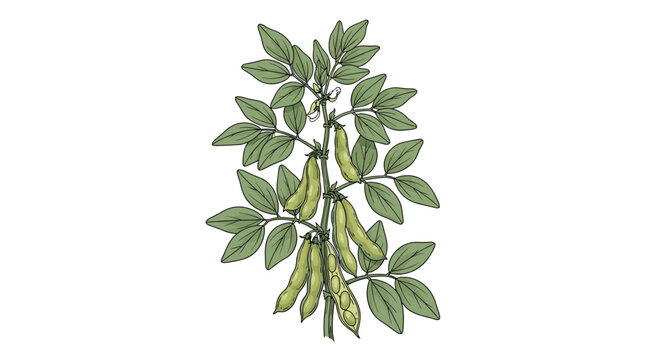 Botanical illustration of a thriving soybean plant, with numerous green pods and small leaves growing along its upright stem, on a white background.