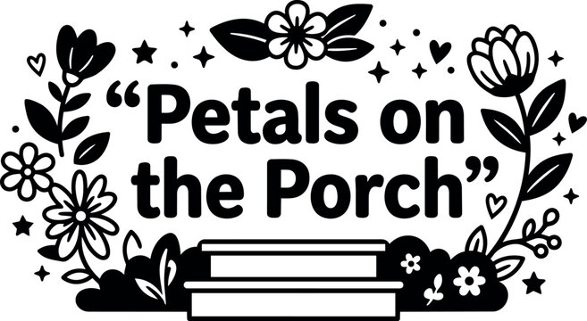 Black and white petals on the porch floral line art with flowers and stars