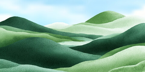 Obraz premium Watercolor mountain landscape with green fields and rolling hills under spring sky. Natural meadow scenery perfect for posters, banners, and seasonal background designs.