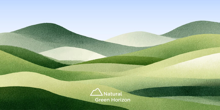 Spring meadow scenery with rolling terrain under cloudy skies. Soft artistic illustration featuring natural grasslands, distant peaks, and serene pastoral atmosphere.