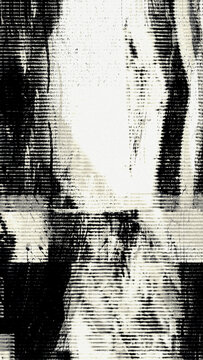 Monochrome digital distortion overlay with scanline artifacts and pixel noise on light background. Corrupted signal texture with wave warp effect for grunge poster and video production.
