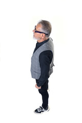 Naklejka premium Side view of a portrait of a mature man seen from above on a white background.