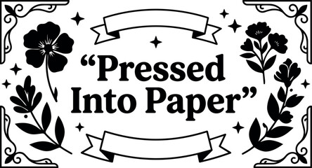 Fototapeta premium Pressed into paper black and white floral frame with decorative stars and ribbons