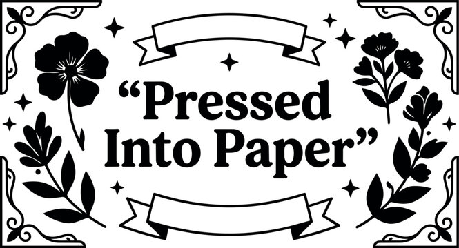 Pressed into paper black and white floral frame with decorative stars and ribbons