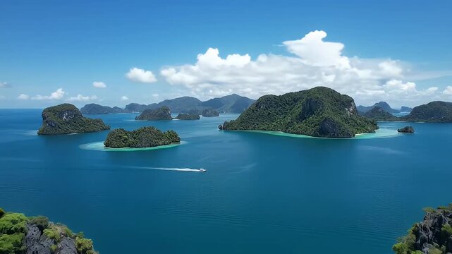 Breathtaking aerial view of tropical limestone islands with lush green jungle, turquoise water,