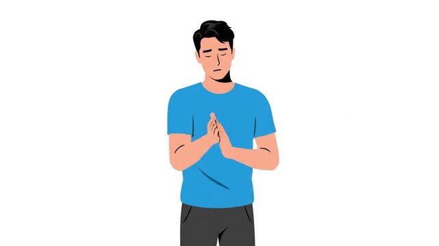 Illustrated depiction of a young man with a serious expression and hands pressed together in a gesture of contemplation, prayer, or deep thought, conveying sincerity and introspection