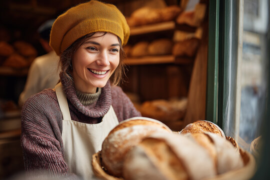 Specialty bakery employee shares freshly baked bread with a smile during morning hours