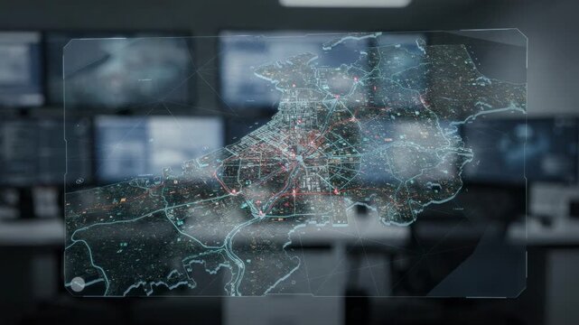 Medium shot showing a telecom operations screen with a sharp virtual load map for outage scenario analysis while the surrounding room remains out of focus