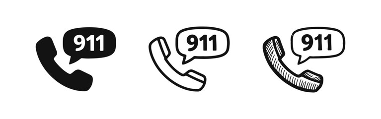 911 Emergency Call Icon Set. Urgent Assistance and Help Line Symbol in Multiple Styles. © drawing lines