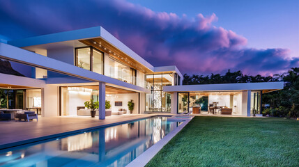 Fototapeta premium Modern luxury villa at dusk with illuminated interiors expansive pool manicured lawn and contemporary architecture reflecting high end residential design