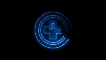 Fototapeta premium Blue Neon Circle with Plus Sign Icon on Black Background cross medical
