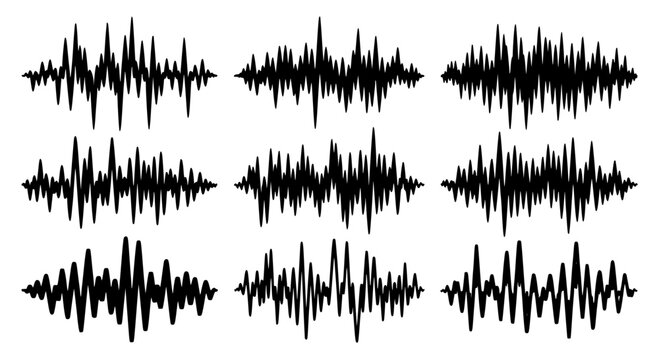 Sound waves black vector set with various signal patterns and noise textures on white background featuring soundwave, waveform, audio waveform with