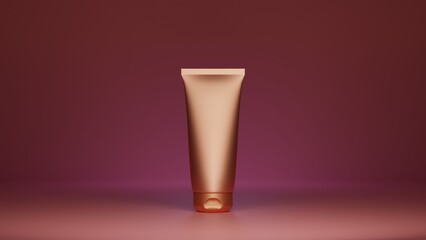One golden cosmetic bottle on dark pink background. Golden peach cream tube isolated on pink backdrop 