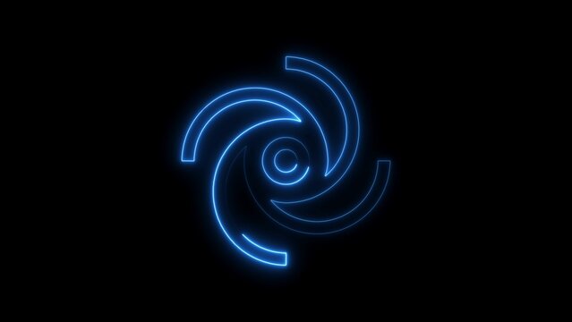 Blue Neon Swirl Symbol with Central Circle on Black Background Abstract vortex spiral