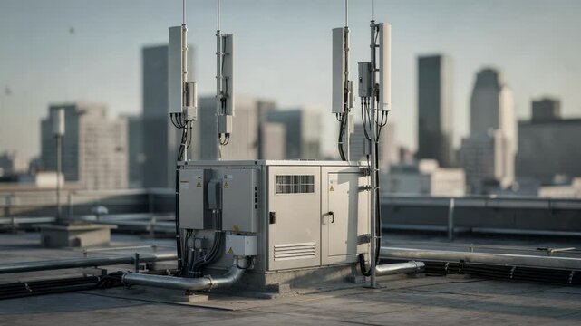 Focused medium shot of rooftop modular micro data hub featuring telecom edge pod capturing antennas sharply while the city skyline behind remains gently blurred.