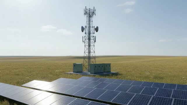 Offgrid cell site set in a rural plain with solar panels glistening under sunlight the main tower and batteries crisply detailed against a softfocus field backdrop.