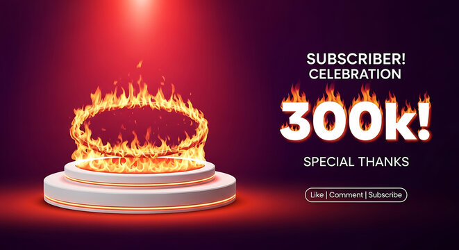 300k subscribers celebration banner with flaming text and podium